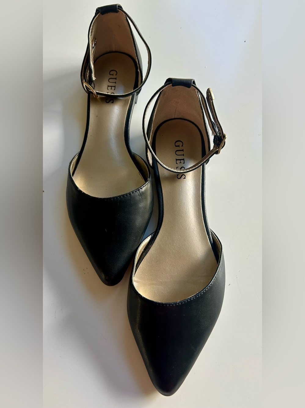 GUESS Black & Gold Pointed Almond Toe Ankle-Strap Flats; Vacation/Office/Casual